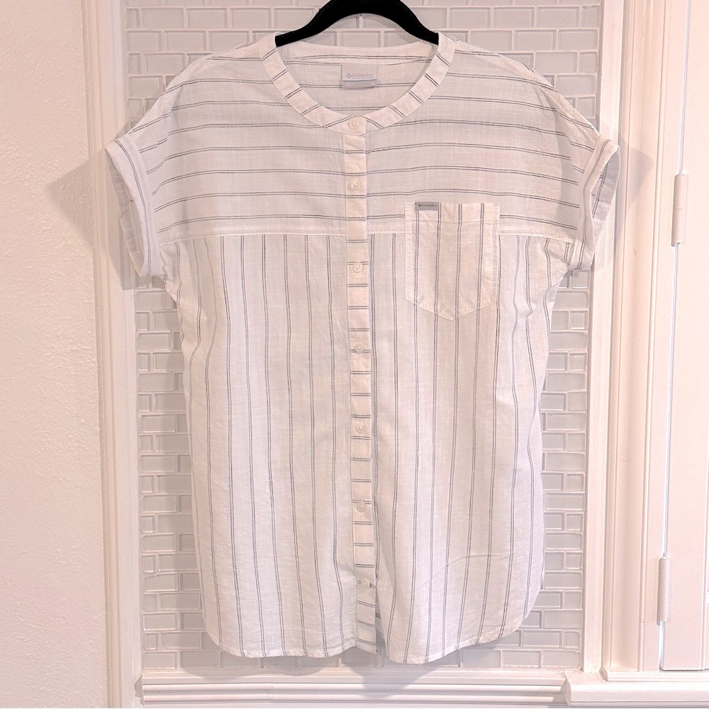 EUC Columbia Camp Hadley Linen Striped Short Sleeve Shirt